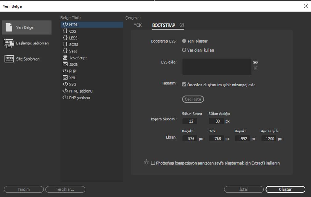 Yeni bir Bootstrap belgesi oluşturma