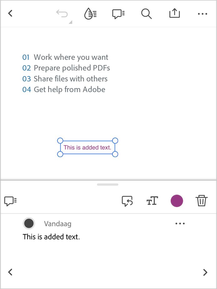 Kijk hoe u de tekst die u aan een PDF toevoegt, kunt bewerken met de Adobe Acrobat iOS-app.
