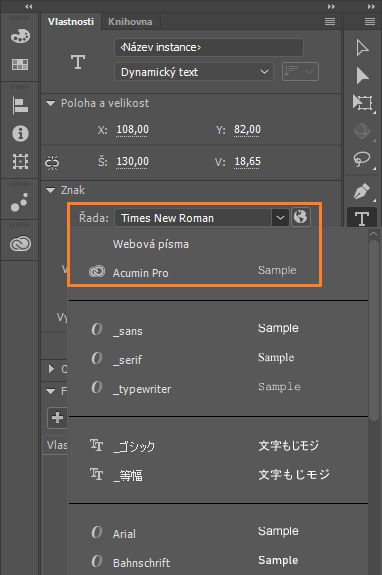 nabídka vybrané skupiny webových písem
