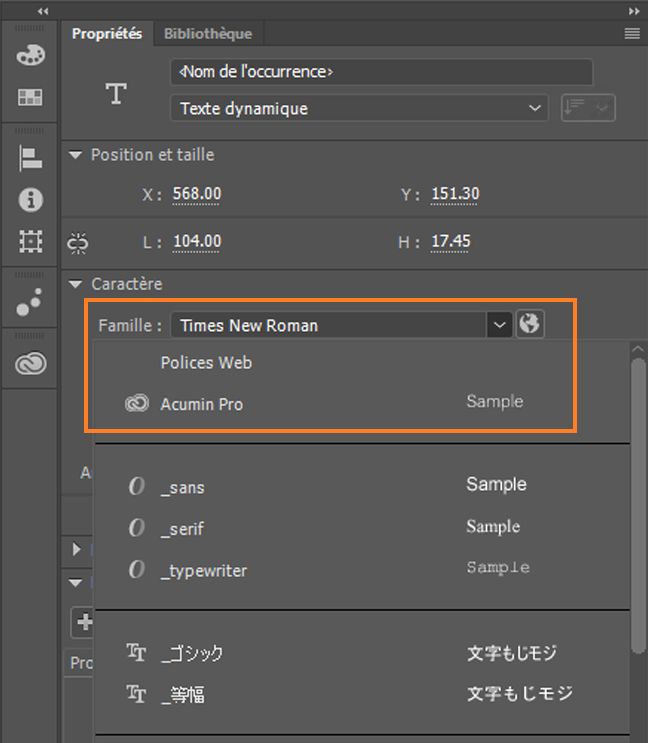Menu de la famille de polices web sélectionnée