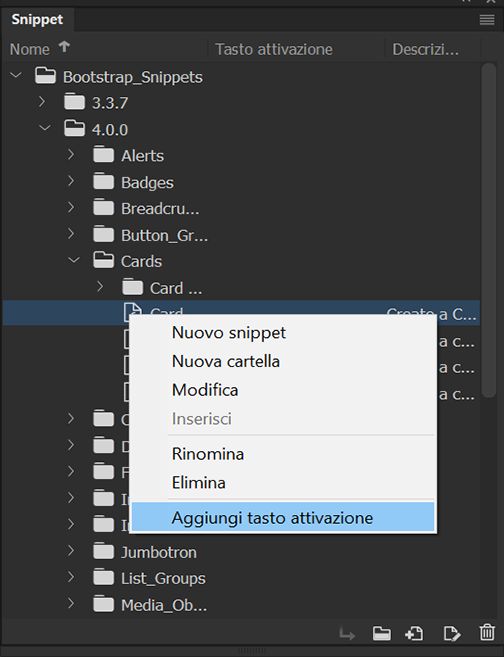 Selezione di Aggiungi tasto attivazione nel pannello Snippet