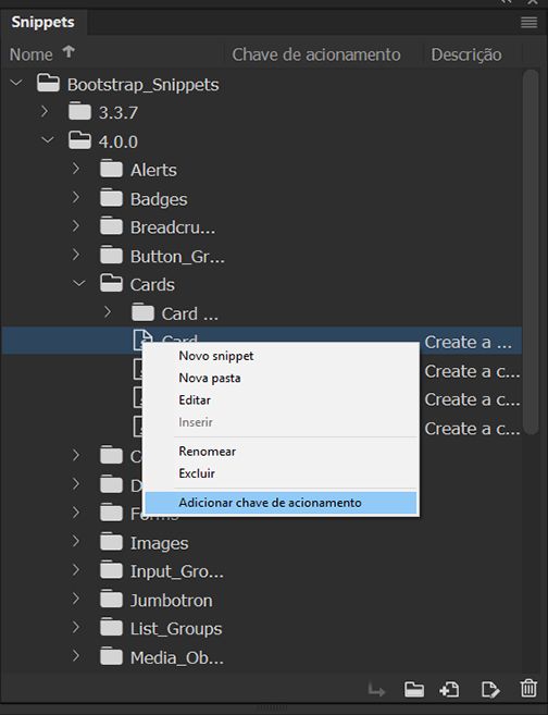 Selecione Adicionar tecla de acionamento no painel Snippets