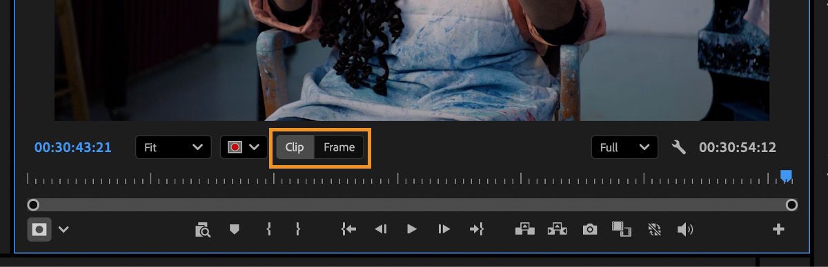Highlighted Clip and Frame buttons in the Program Monitor timeline that used to switch how mask edits are applied.