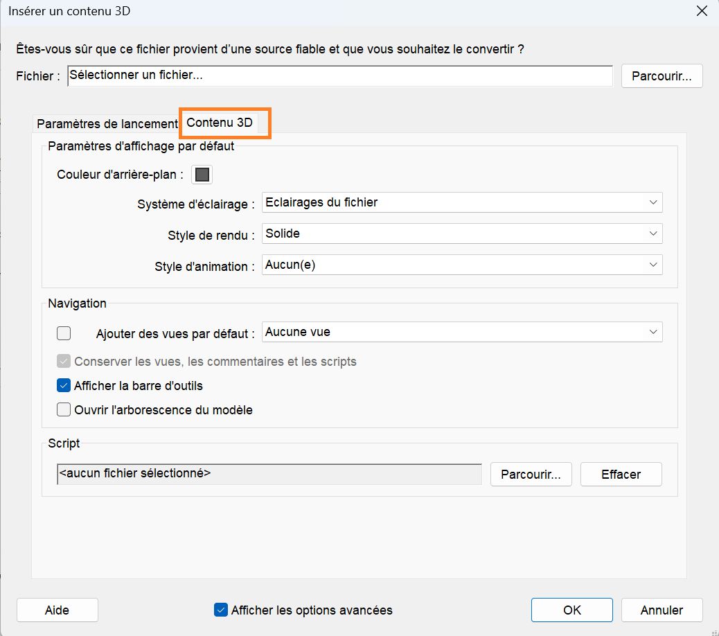 Réglage des paramètres 3D