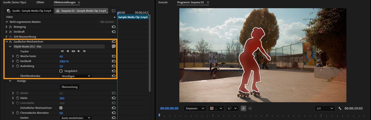 Im Bedienfeld „Effekteinstellungen“ werden die Eigenschaften angezeigt, wenn die Maske im Programmmonitor ausgewählt ist.