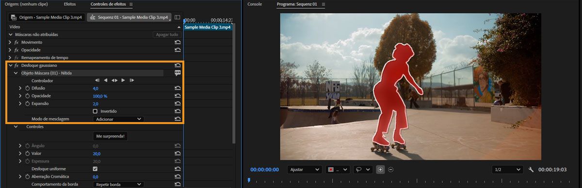 No painel Controles de efeito, as propriedades são exibidas quando a máscara é selecionada no Monitor do programa.