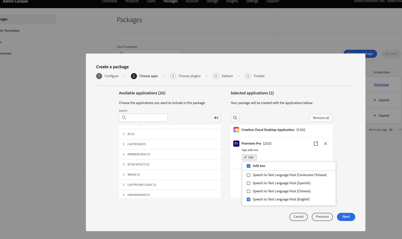 从 Admin Console 中的 Premiere Pro 部分下载语言包