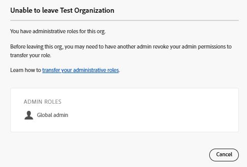 Für den Administrator ist das Verlassen der Organisation nicht möglich