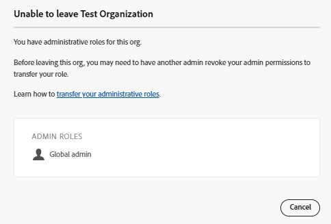 Admin unable to leave organization