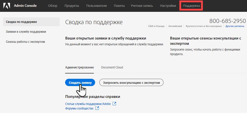 Вкладка «Поддержка» на веб-панели Admin Console