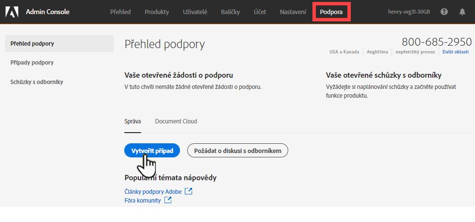 Karta Podpora na konzoli Admin Console