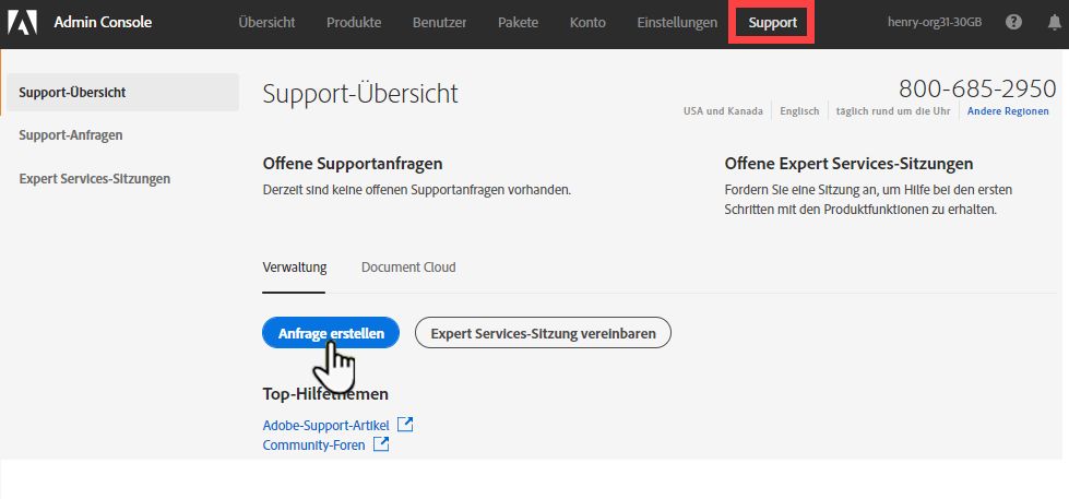 Registerkarte „Support“ in der Admin Console