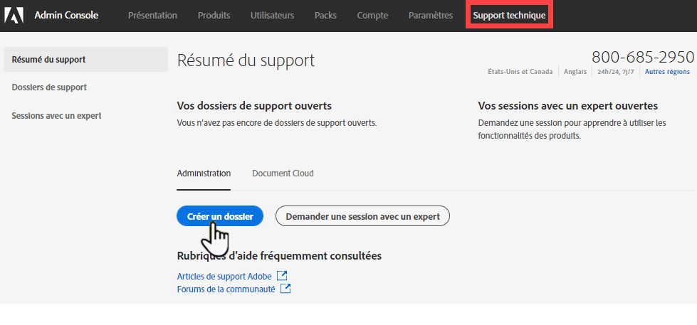 Onglet Assistance dans l’Admin Console