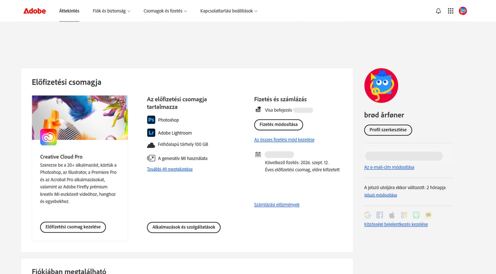 Az Adobe-fiók áttekintési oldalán látható a csomagja és itt szerepel a csomagkezelés, az alkalmazások és szolgáltatások elérése, a számlázás és fizetés módosítása, a számlázási előzmények megtekintése, a profil szerkesztése és egyéb lehetőségek.  
