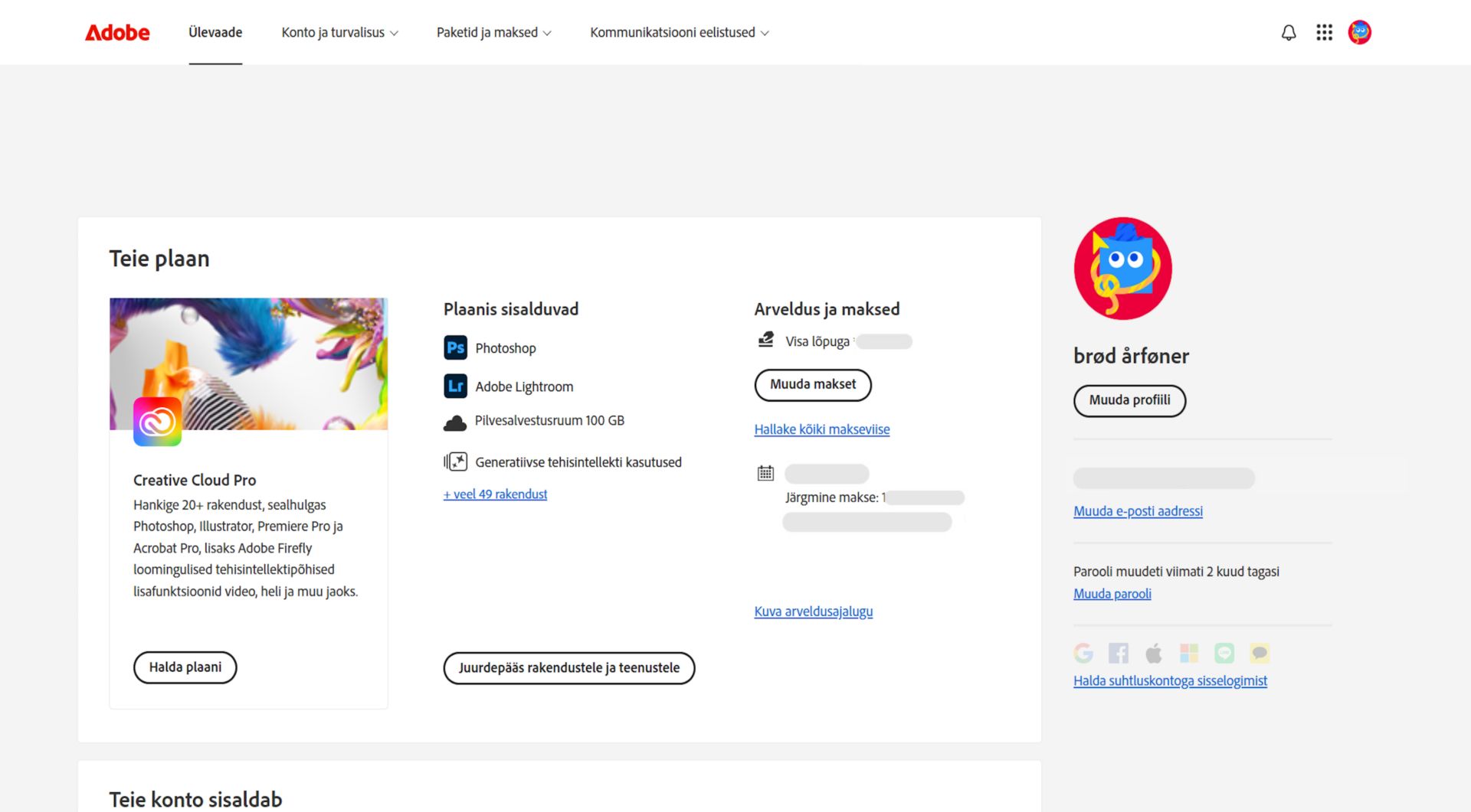 Teie Adobe konto ülevaatelehel kuvatakse teie plaan ja sellega seotud valikud: plaani haldamine, juurdepääs rakendustele ja teenustele, arveldus- ja makseteabe muutmine, arveldusajaloo vaatamine, profiili muutmine ja muu.  