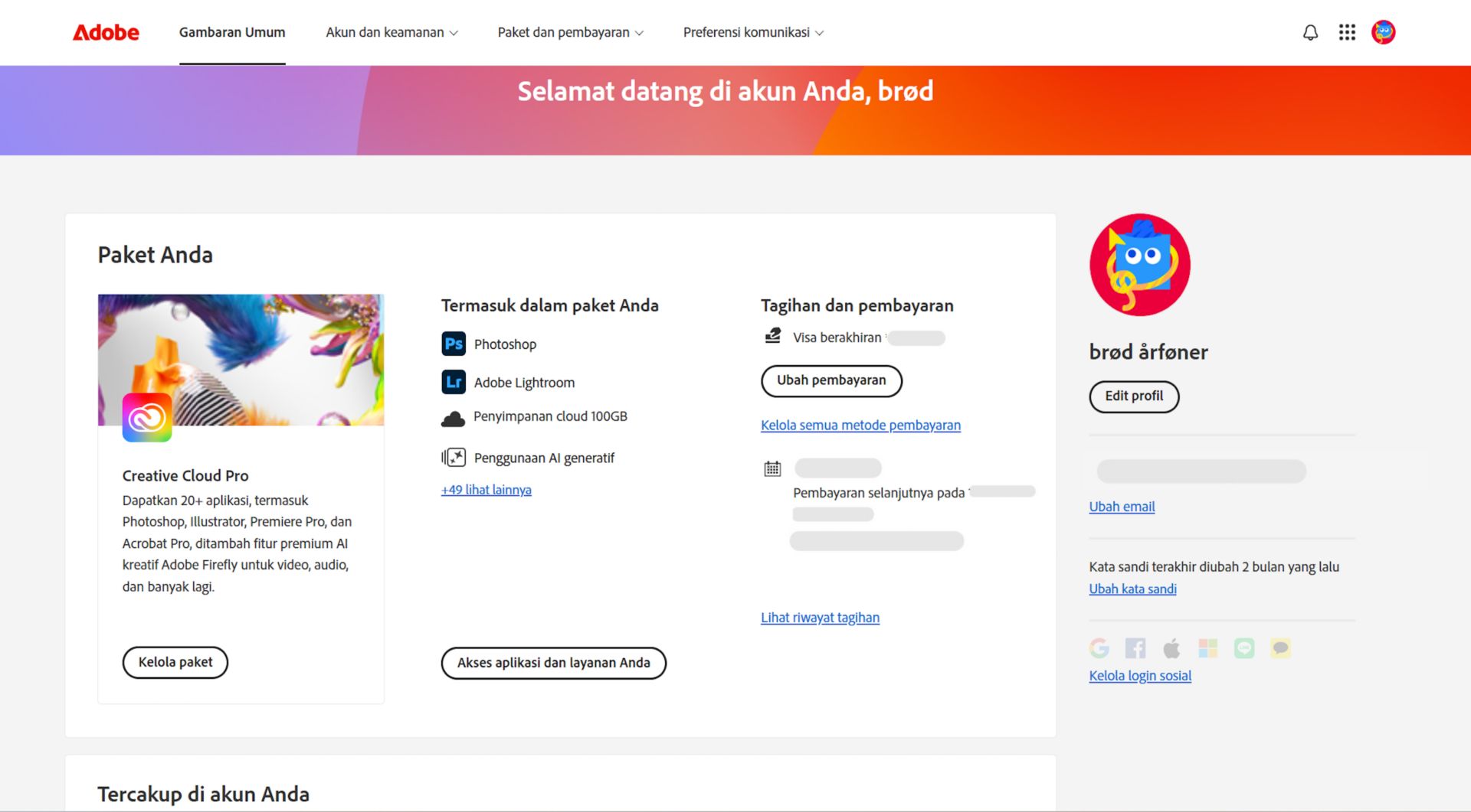 Halaman gambaran umum akun Adobe Anda akan menampilkan paket beserta opsi untuk mengelola paket, mengakses aplikasi dan layanan, mengedit penagihan dan pembayaran, melihat riwayat penagihan, mengedit profil, dan lainnya.  