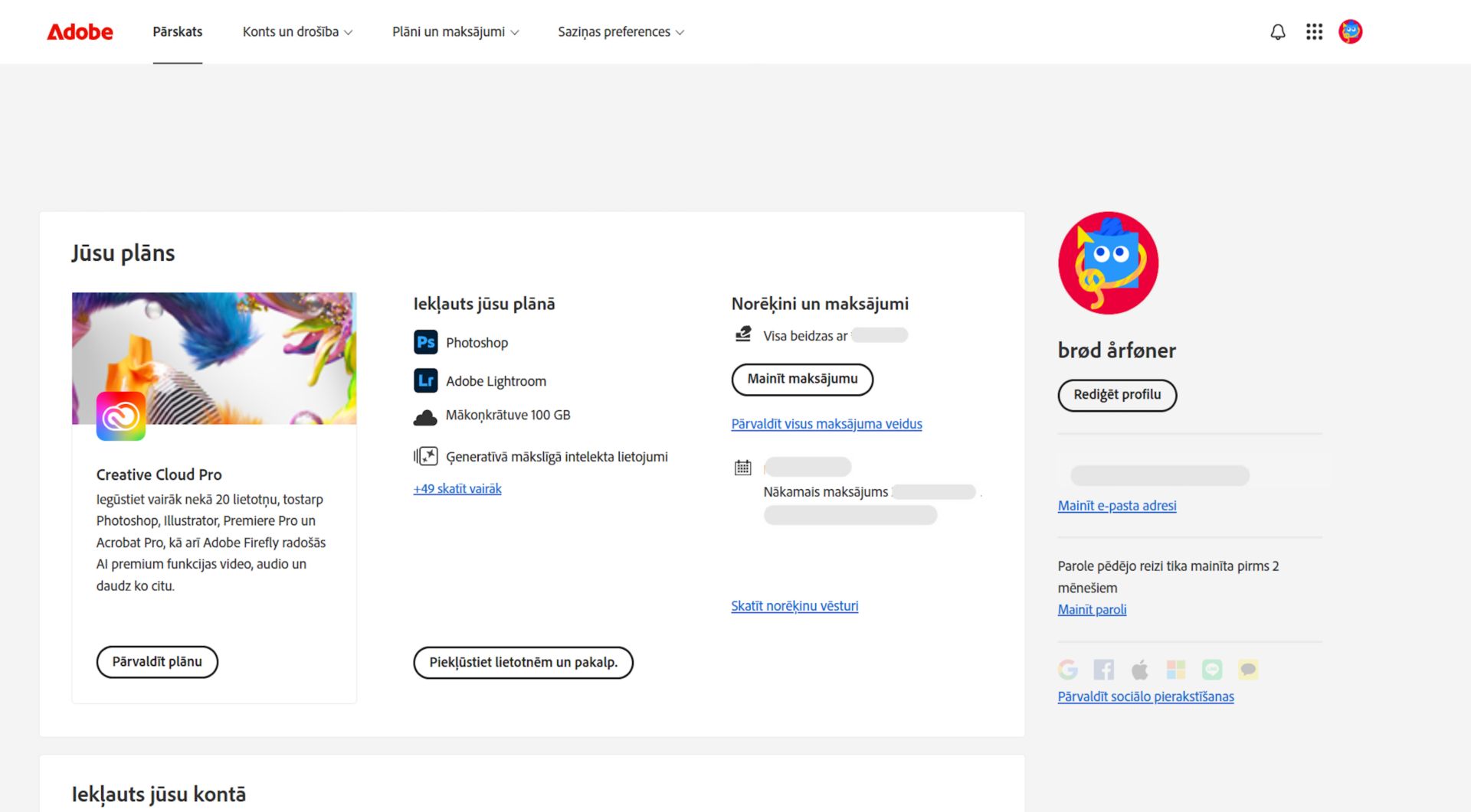 Jūsu Adobe konta lapas pārskats attēlo jūsu plānu ar iespējām pārvaldīt plānu, piekļūt lietotnēm un pakalpojumiem, rediģēt norēķinus un maksājumus, skatīt norēķinu vēsturi, rediģēt profilu un ne tikai.  