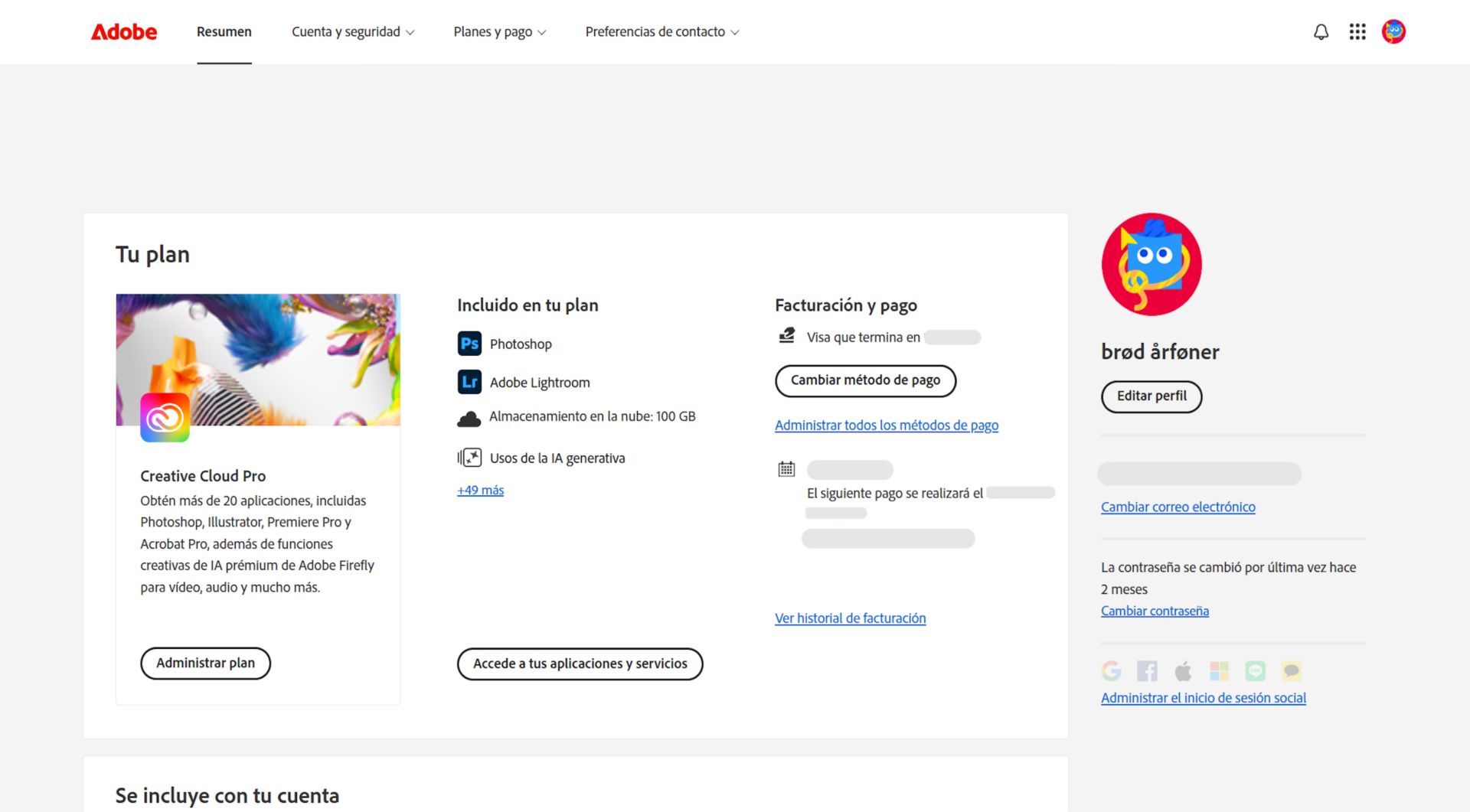 La página de información general de su cuenta de Adobe muestra su plan con opciones para administrar el plan, acceder a aplicaciones y servicios, editar la facturación y el pago, ver el historial de facturación, editar el perfil y mucho más.  