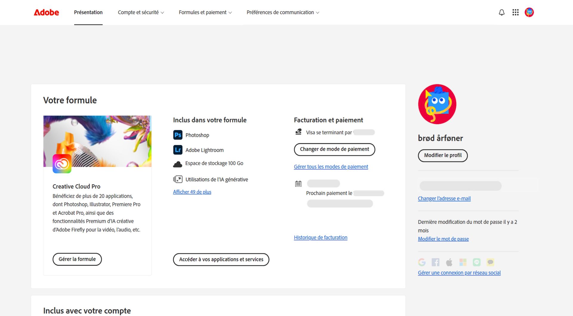 La page de présentation de votre compte Adobe affiche votre formule avec des options pour gérer la formule, accéder aux applications et aux services, modifier la facturation et le paiement, afficher l’historique de facturation, modifier le profil, etc.  