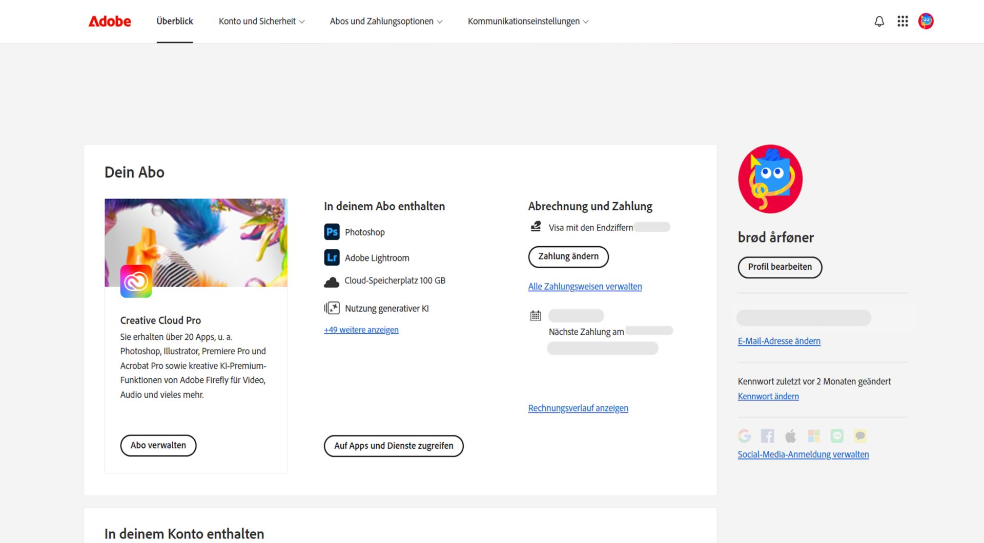 Auf der Übersichtsseite deines Adobe-Kontos siehst du dein Abonnement mit Optionen zum Verwalten des Abonnements, zum Zugreifen auf Apps und Dienste, zum Bearbeiten von Rechnungs- und Zahlungsdaten, zum Anzeigen des Rechnungsverlaufs, zum Bearbeiten deines Profils und mehr.  
