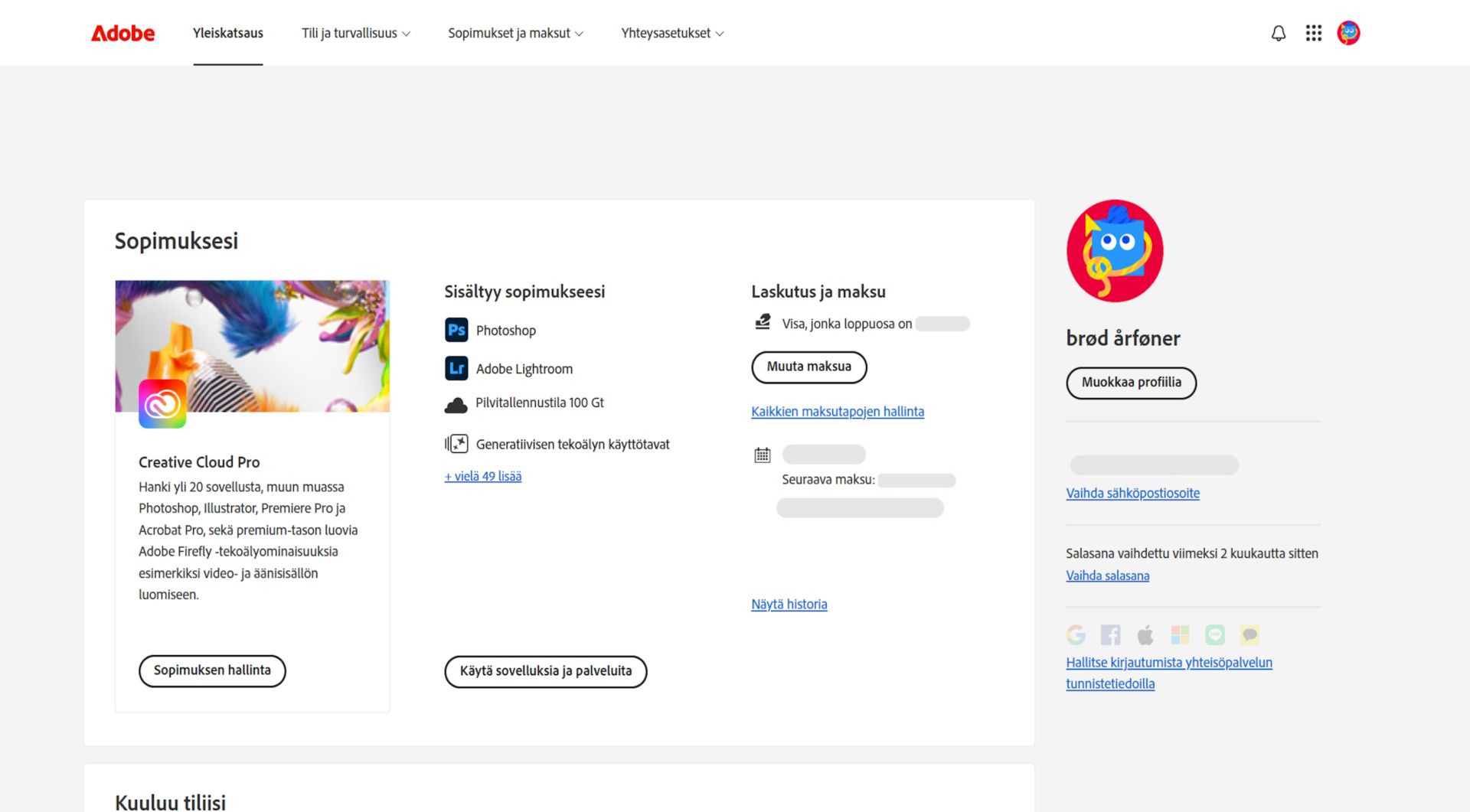 Adobe-tilin yleiskatsaussivulla näet sopimuksesi ja voit hallinnoida sitä, käyttää sovelluksia ja palveluita, muokata maksu- ja laskutustietoja, tarkastella laskutushistoriaa, muokata profiilia ja tehdä muita toimintoja.  