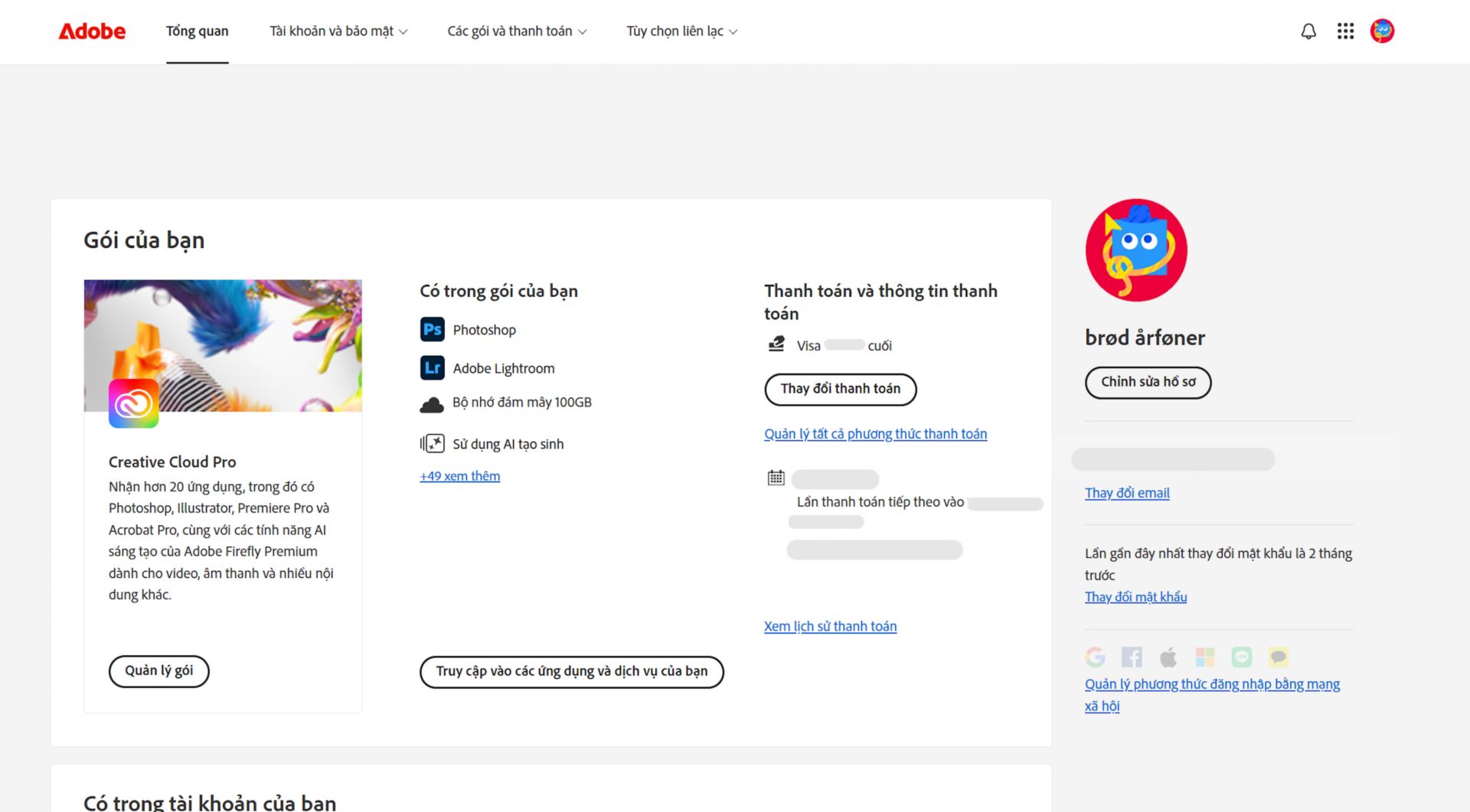 Trang tổng quan về tài khoản Adobe hiển thị gói của bạn với các tùy chọn để quản lý gói, truy cập ứng dụng và dịch vụ, chỉnh sửa thông tin thanh toán, xem lịch sử thanh toán, chỉnh sửa hồ sơ và nhiều hơn nữa.  