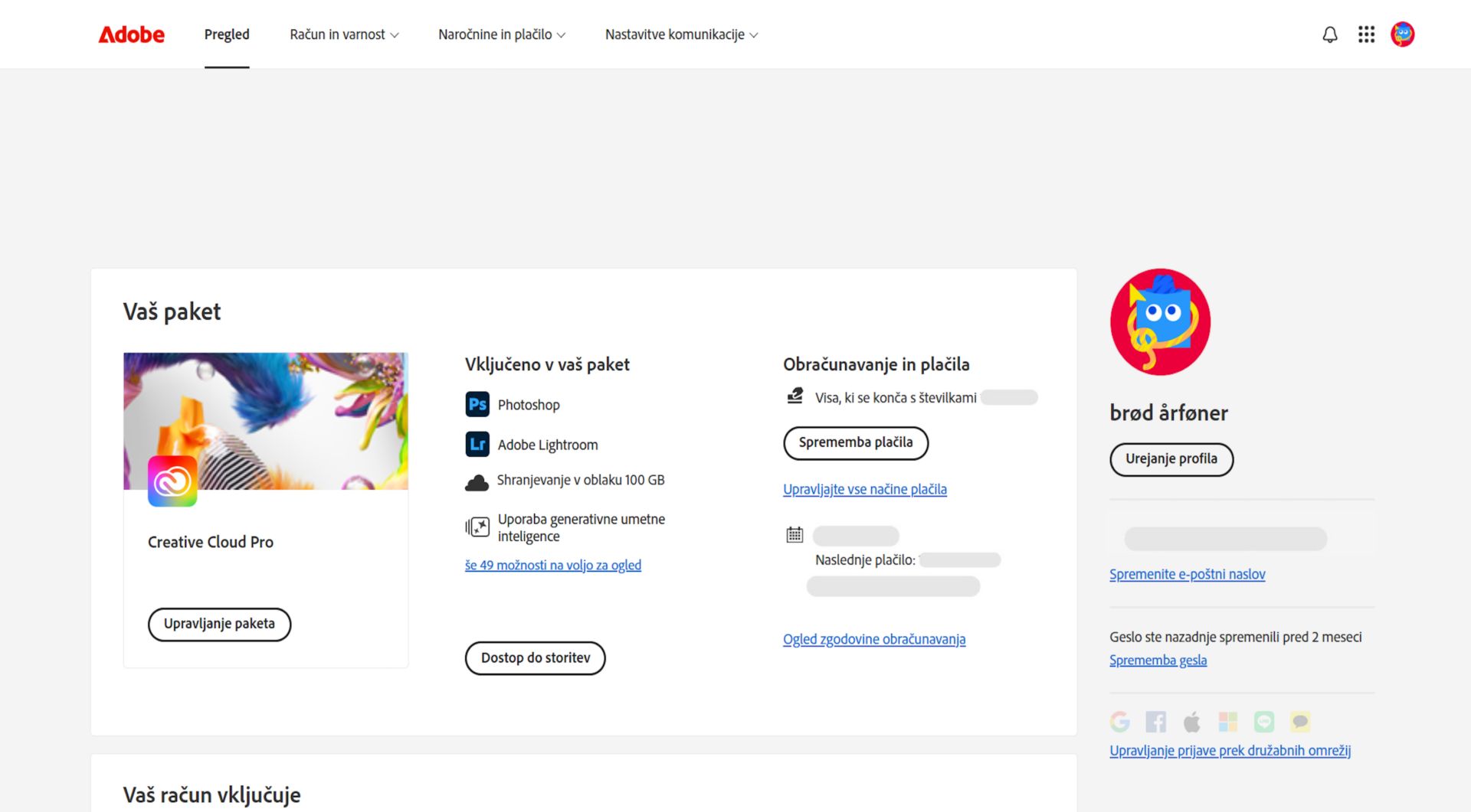 Na strani s pregledom računa Adobe je prikazan paket z možnostmi za upravljanje paketa, dostop do programov in storitev, urejanje obračunavanja in plačil, ogled zgodovine obračunavanja, urejanje profila in drugo.  