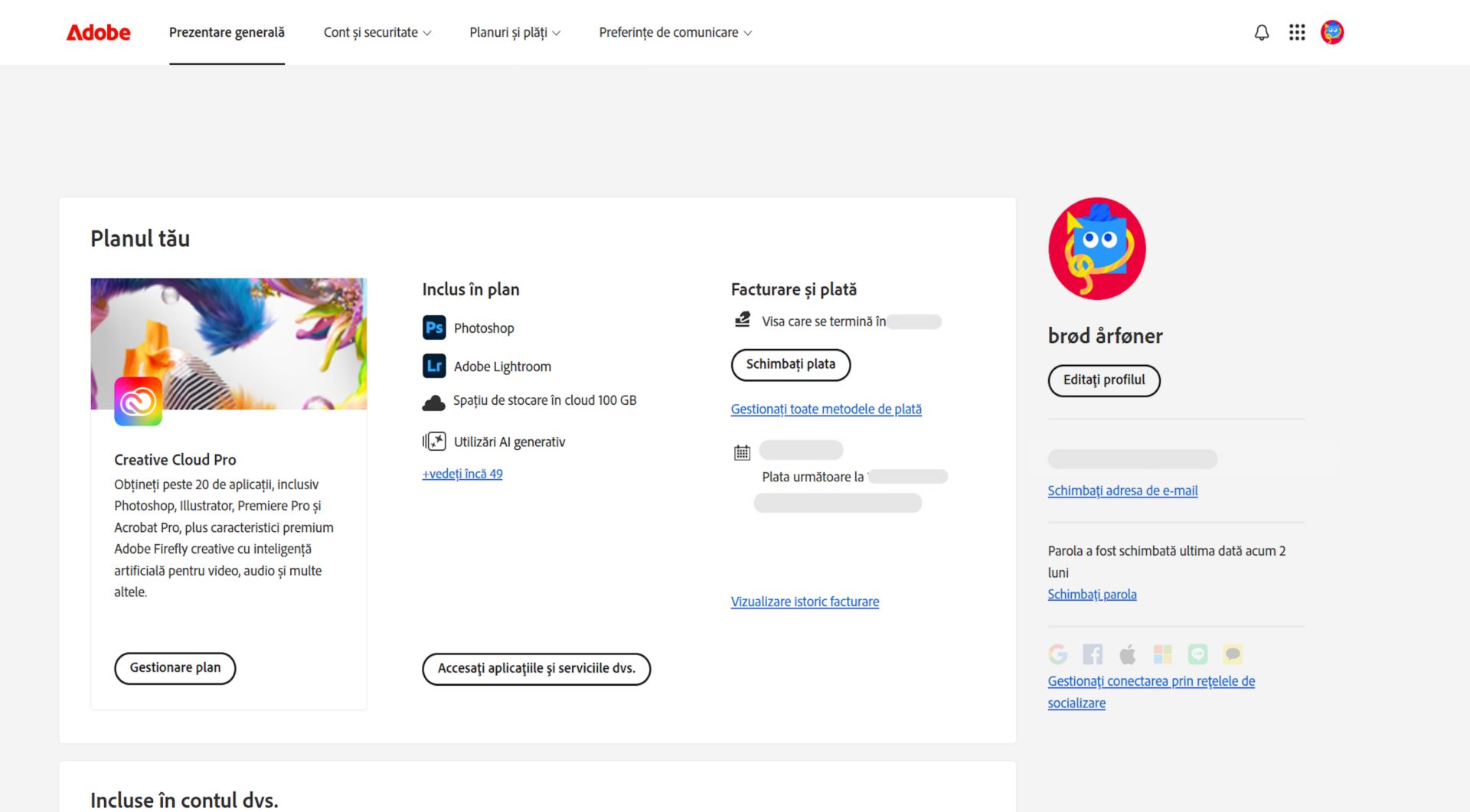Pagina de prezentare generală a contului dvs. Adobe vă prezintă planul cu opțiuni de gestionare a planului, acces la aplicații și servicii, editarea facturării și plății, vizualizarea istoricului facturării, editarea profilului și multe altele.  