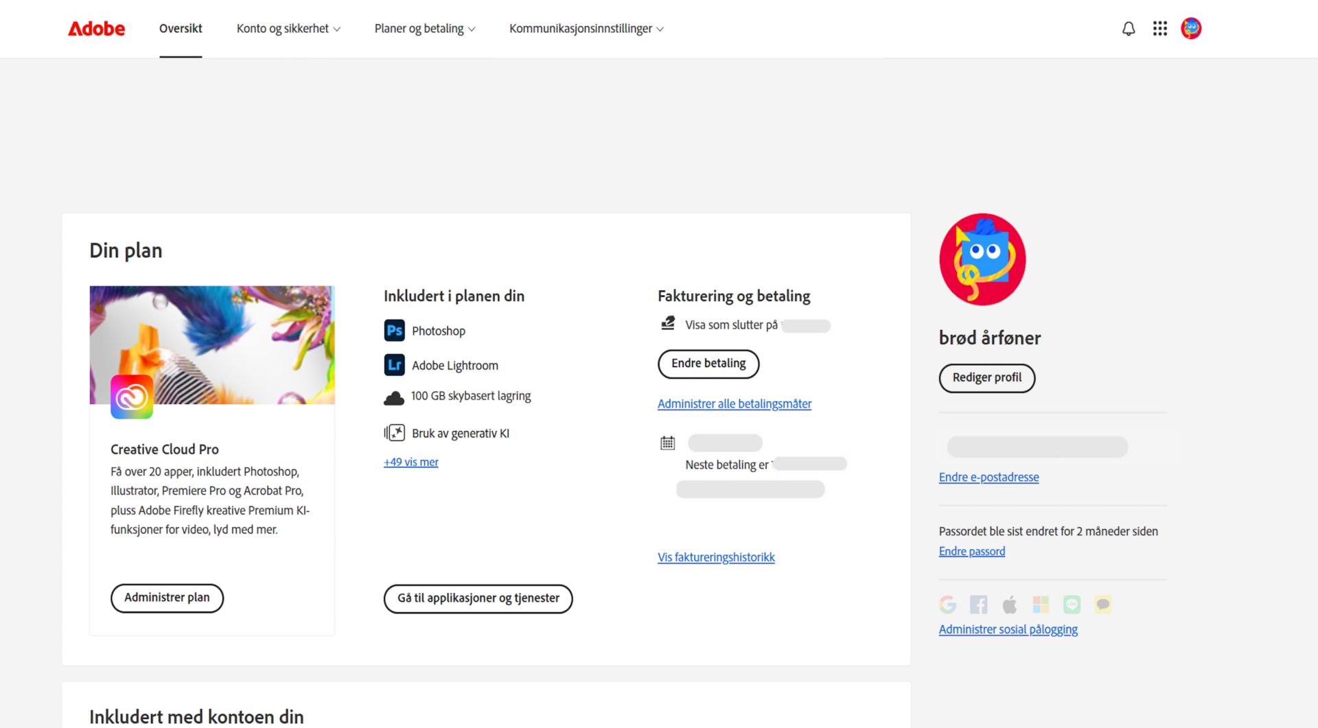 Oversiktssiden for Adobe-kontoen din viser planen din med alternativer for å administrere planen, få tilgang til apper og tjenester, redigere fakturering og betaling, vise faktureringshistorikken, redigere profilen og mye mer.  