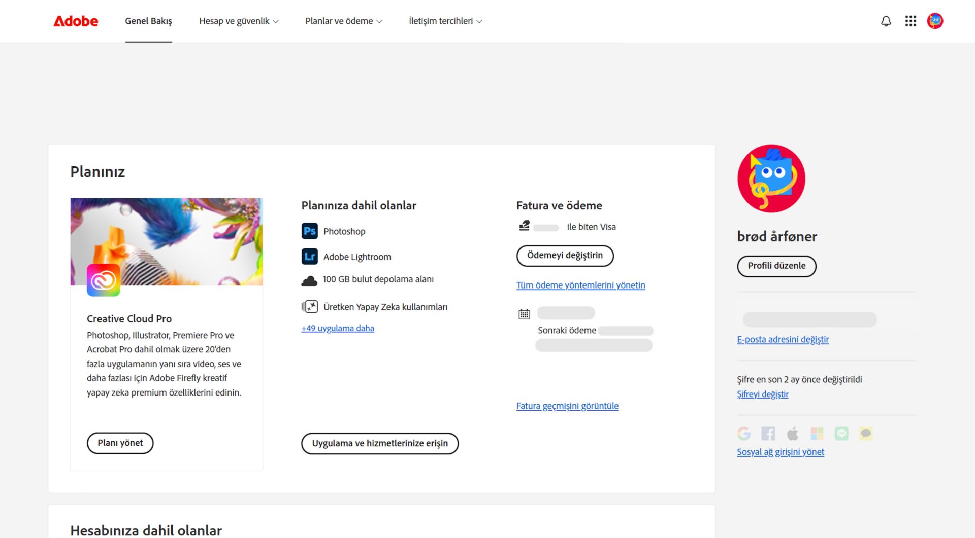 Adobe hesabınızın genel bakış sayfası, planı yönetme, uygulamalara ve hizmetlere erişme, faturalandırma ve ödemeyi düzenleme, faturalandırma geçmişini görüntüleme, profili düzenleme ve daha birçok seçenekle birlikte planınızı gösterir.  
