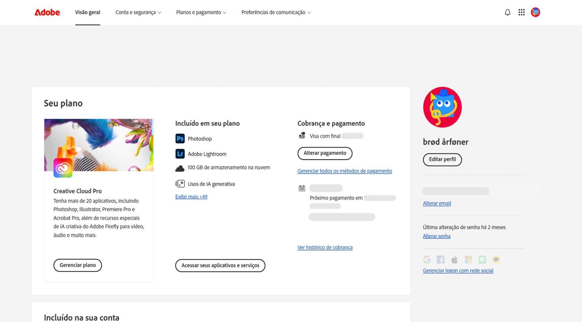 A página de visão geral de sua conta da Adobe mostra seu plano com opções para gerenciar o plano, acessar aplicativos e serviços, editar o faturamento e o pagamento, visualizar o histórico de faturamento, editar o perfil e muito mais.  