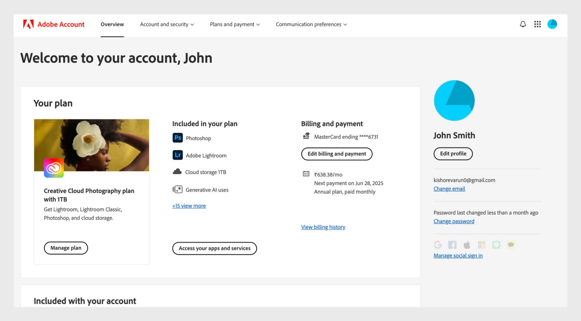 The overview page of your Adobe account shows your plan with options to manage plan, access apps and services, edit billing and payment, view billing history, edit profile, and more.  