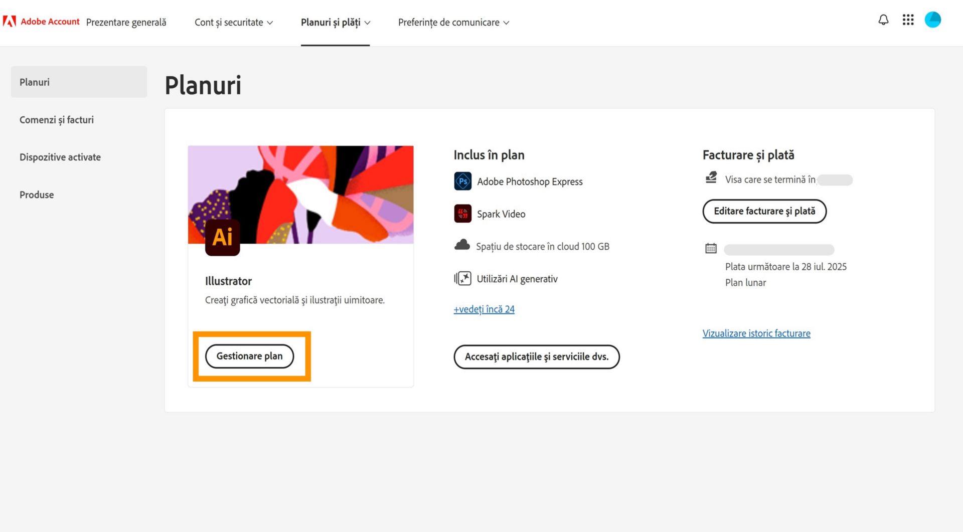 Butonul Gestionare plan din pagina Planuri din contul Adobe oferă opțiunea de a efectua upgrade pentru spațiul de stocare.