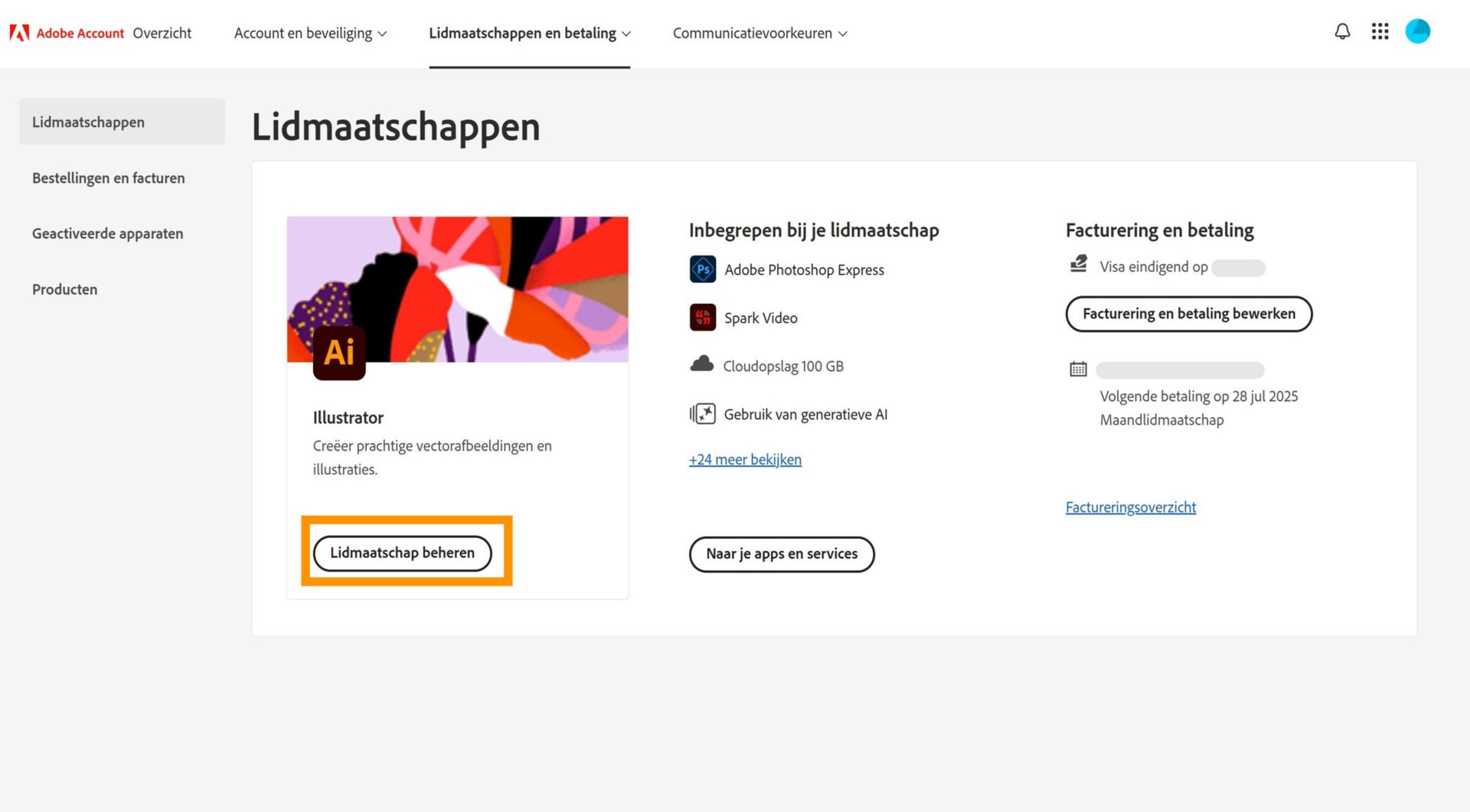 U kunt uw opslag upgraden via de knop Lidmaatschap beheren op de pagina Lidmaatschappen in uw Adobe-account.