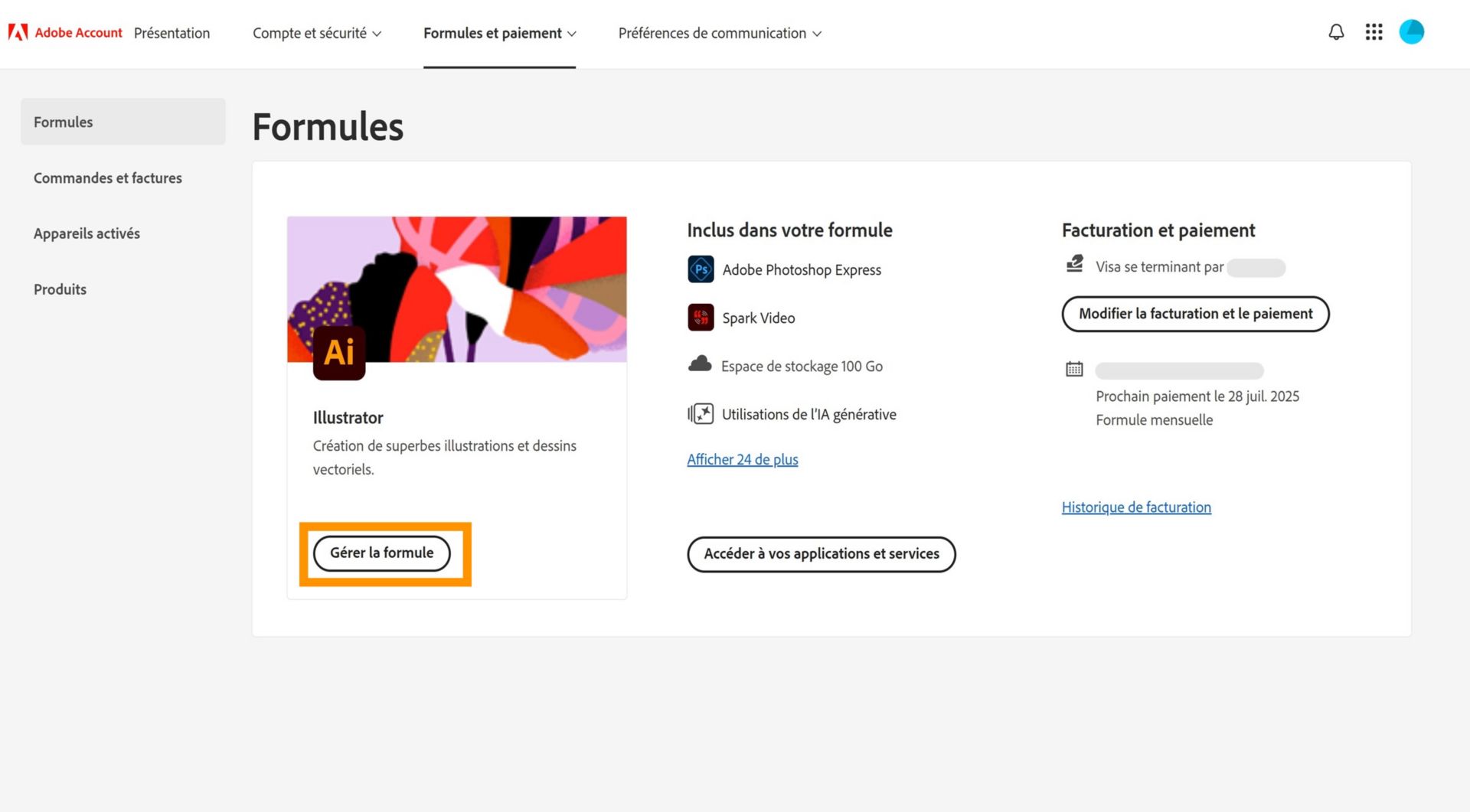 Med knappen Hantera plan på sidan Planer på Adobe-kontot kan du uppgradera lagringsutrymmet.