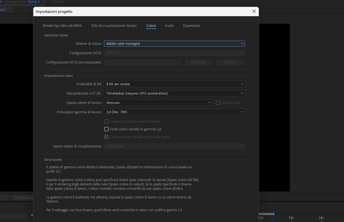 Finestra di dialogo Impostazioni progetto aperta e con il motore di colore selezionato gestito da Adobe Color.