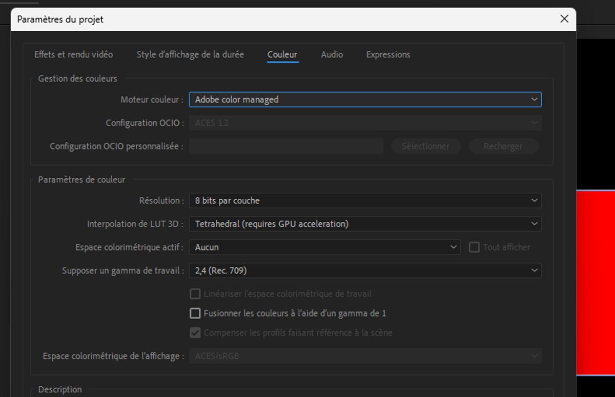 La boîte de dialogue Paramètres du projet est ouverte et le moteur de couleurs sélectionné est Gestion des couleurs Adobe.