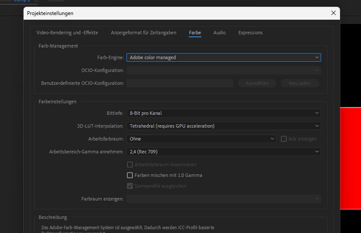 Das Dialogfeld „Projekteinstellungen“ ist geöffnet, und als Farb-Engine ist „Adobe Color Managed“ ausgewählt.