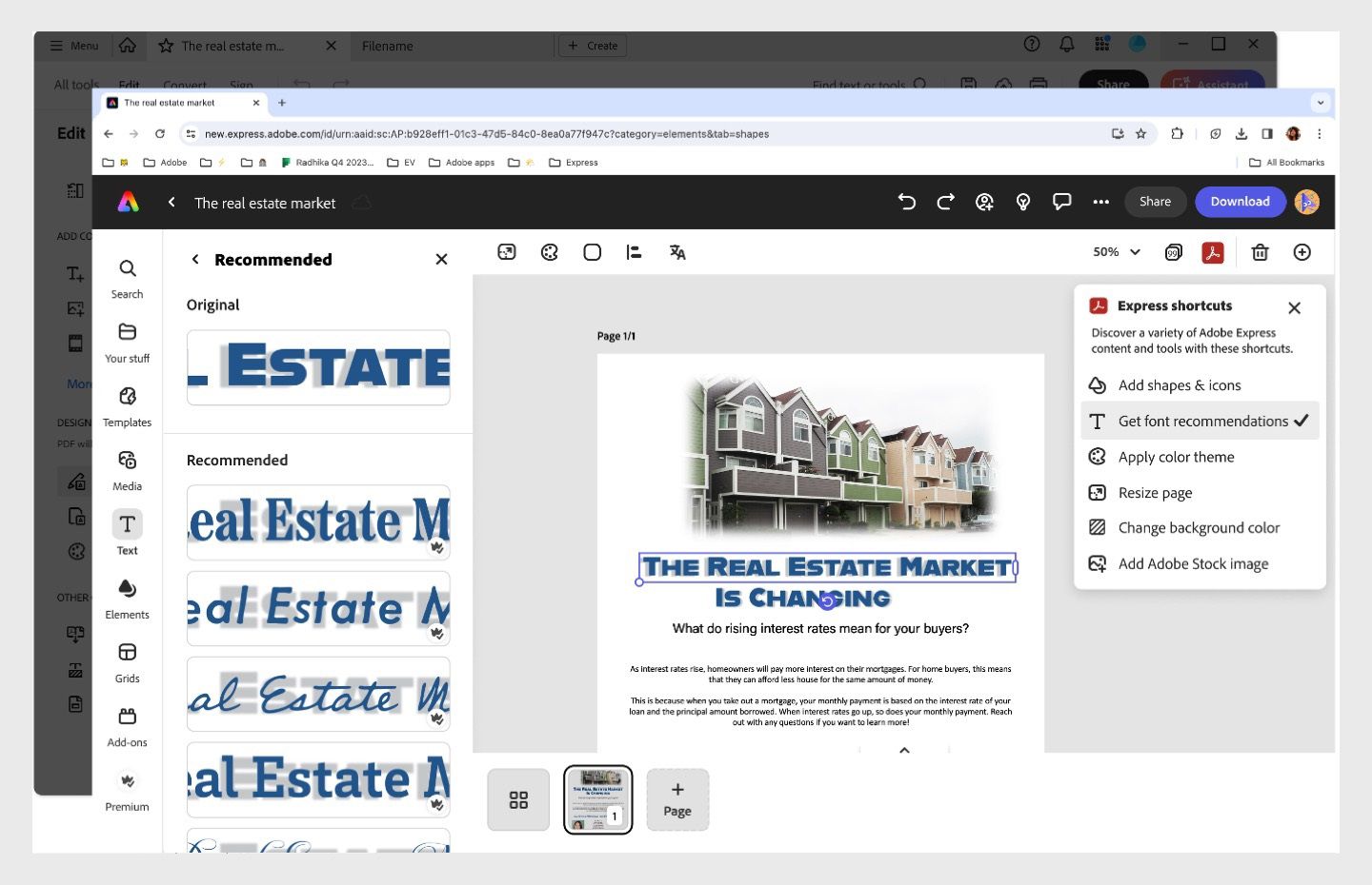 文本面板在左侧窗格中打开，其中包含 Adobe Express 中的字体建议。