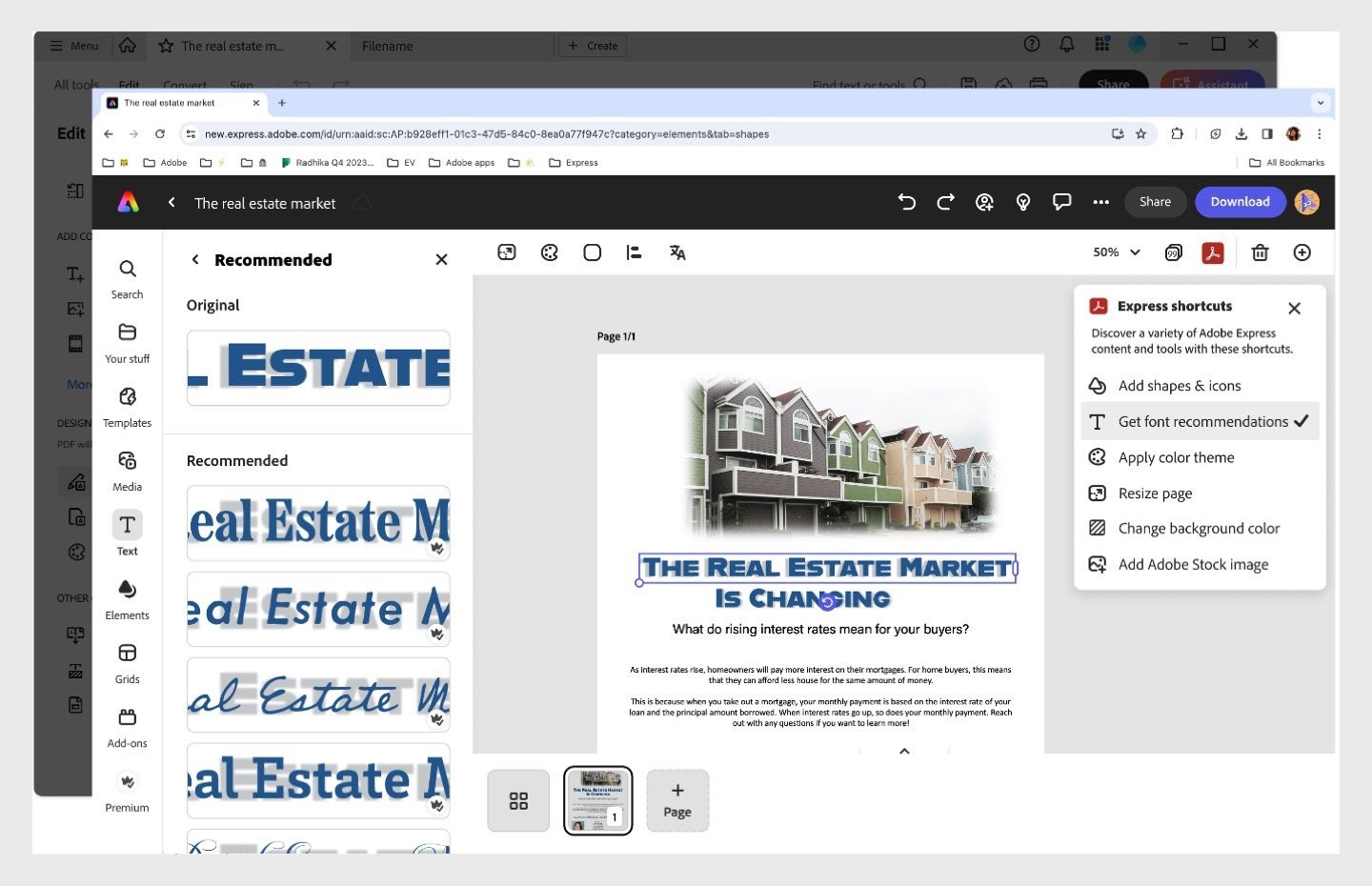 系統會在左側窗格中開啟文字面板，而其中有在 Adobe Express 中使用的字型建議。
