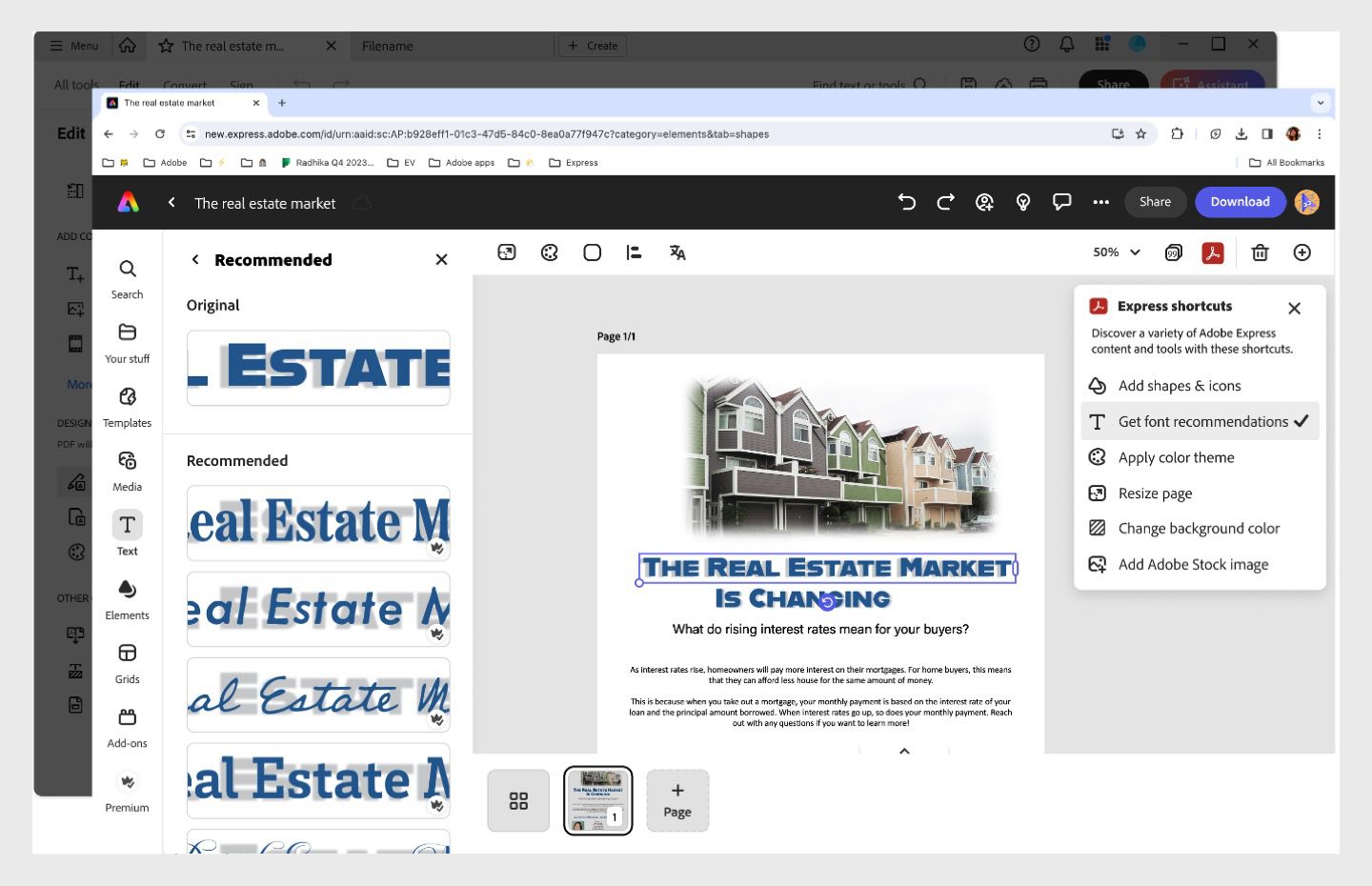 Adobe Express'te font önerisiyle birlikte sol bölmede açık olan metin paneli.