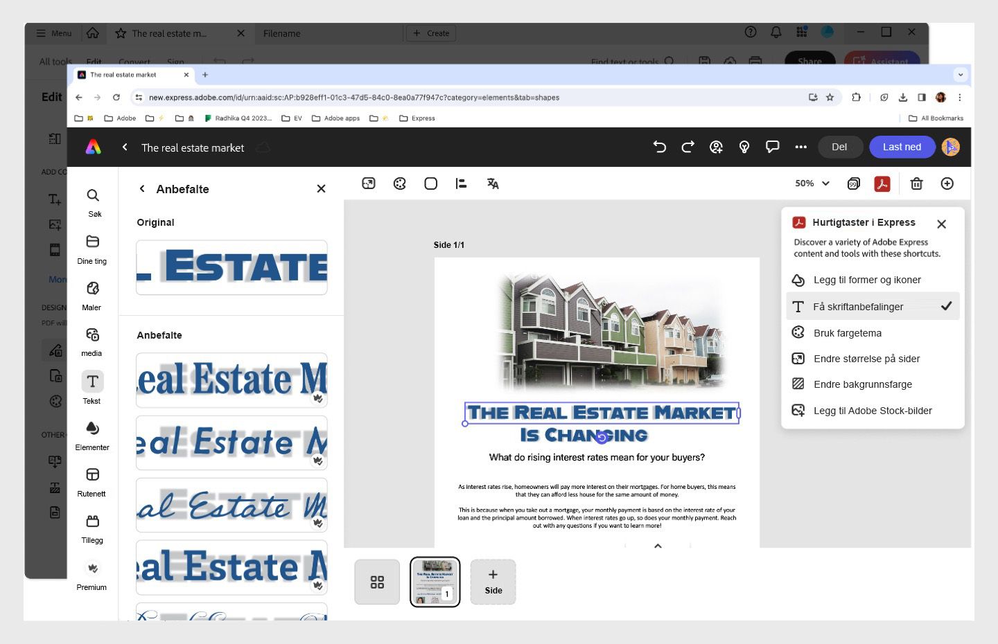 Tekstpanelet i er åpent i venstre rute med fontanbefaling i Adobe Express.