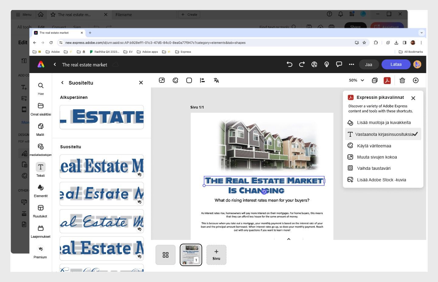 Tekstipaneeli on auki Adobe Expressissä vasemmanpuoleisessa ruudussa kirjasinsuosituksineen.
