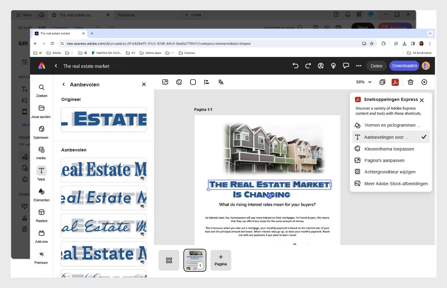 Het tekstdeelvenster is geopend in het linkervenster met een lettertypeaanbeveling in Adobe Express.