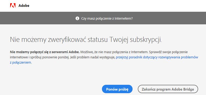 Nie można połączyć się z serwerami firmy Adobe