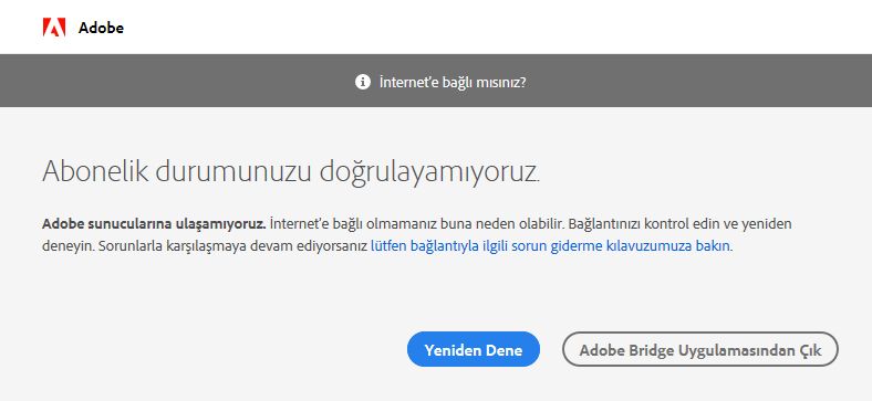Adobe sunucularına erişilemiyor