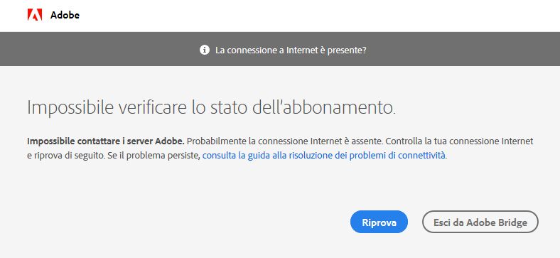 Impossibile connettersi ai server di Adobe