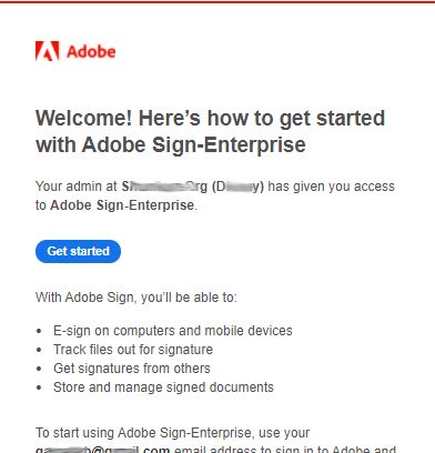 Kom godt i gang, e-mailinvitation fra Adobe Sign