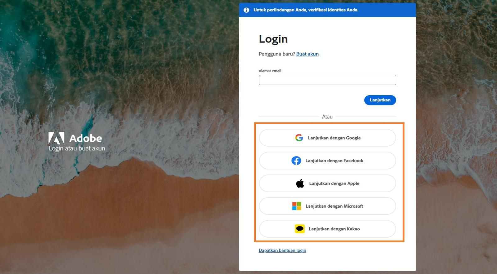 Ikon akun media sosial, yang tersedia di sisi kanan layar pada halaman Login, memungkinkan Anda untuk melanjutkan login dengan akun media sosial.
