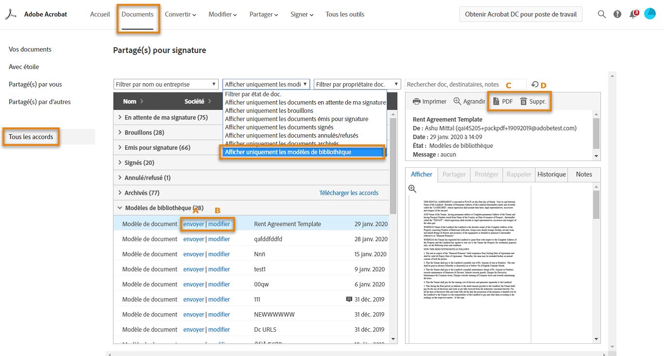 Tableau de bord de Gestion Adobe Sign